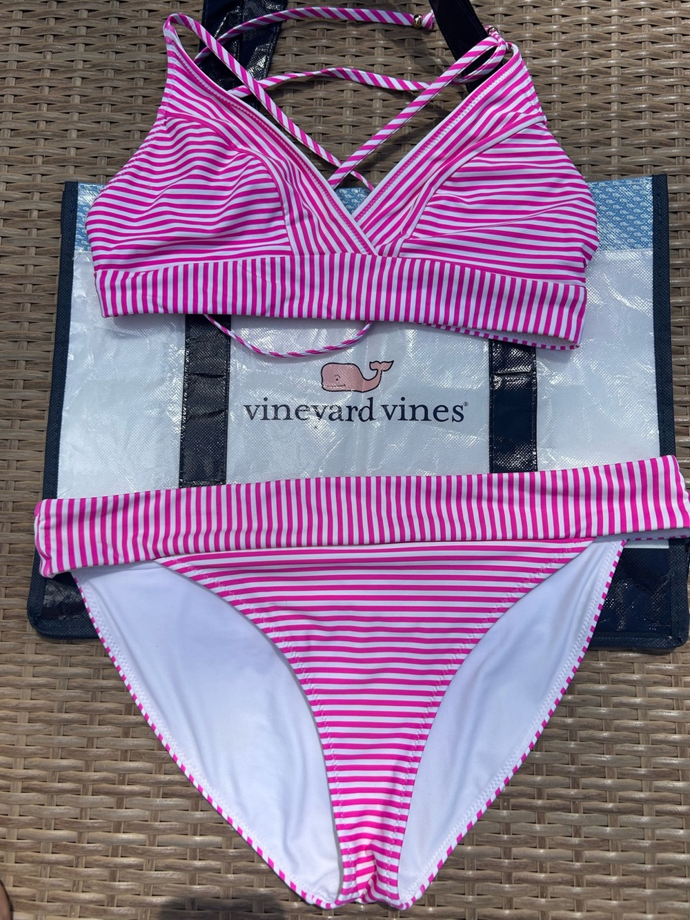 Vineyard Vines Pink and White Striped Bikini Top “S” Bottom “M” (with bag) NWOT